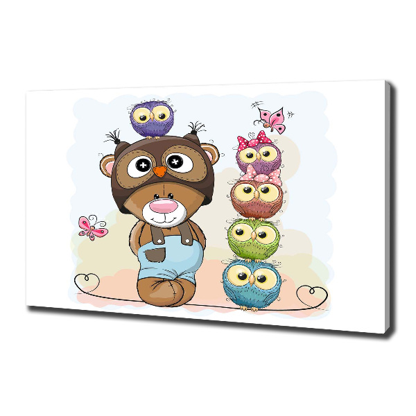 Cuadro canvas con impresión uv duradera horizontal Osito de peluche y búhos