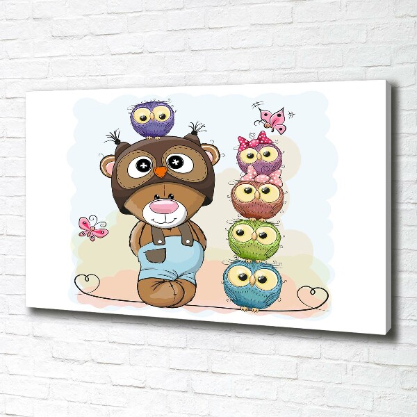 Cuadro canvas con impresión uv duradera horizontal Osito de peluche y búhos