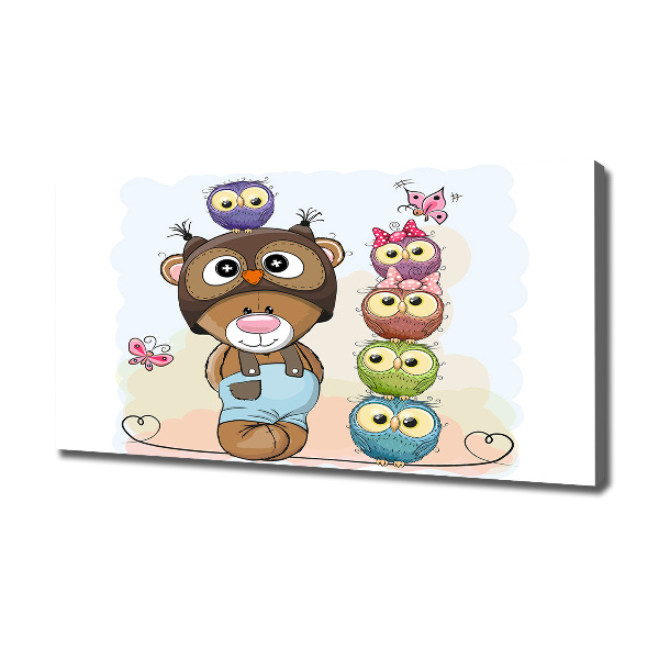 Cuadro canvas con impresión uv duradera horizontal Osito de peluche y búhos