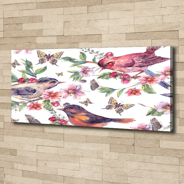 Cuadro canvas con impresión uv duradera horizontal Pájaros, mariposas, cerezas.