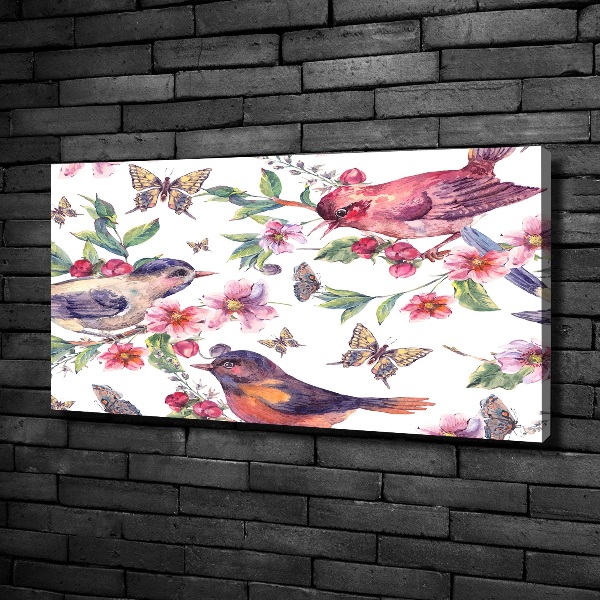 Cuadro canvas con impresión uv duradera horizontal Pájaros, mariposas, cerezas.