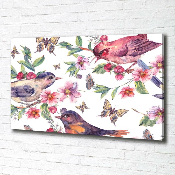 Cuadro canvas con impresión uv duradera horizontal Pájaros, mariposas, cerezas.