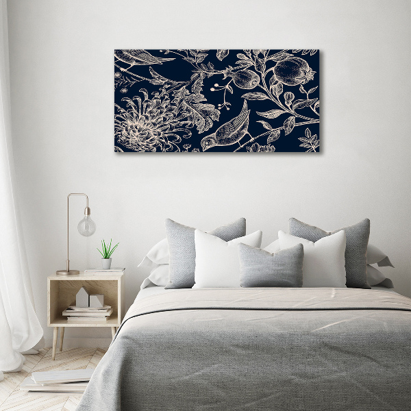 Cuadro canvas moderno de gran formato horizontal Flores y pájaros