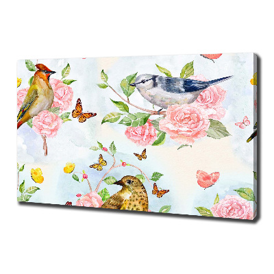 Cuadro canvas moderno de gran formato horizontal Pájaros y rosas
