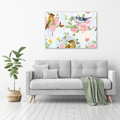 Cuadro canvas moderno de gran formato horizontal Pájaros y rosas