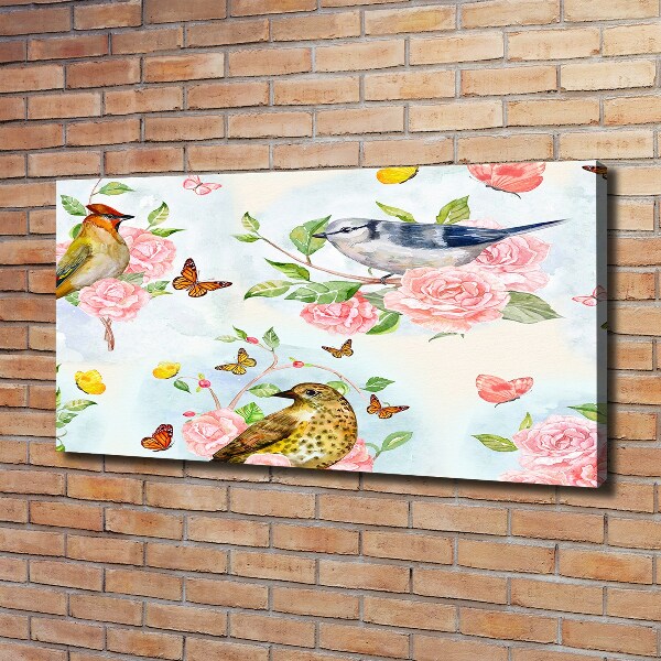 Cuadro canvas moderno de gran formato horizontal Pájaros y rosas
