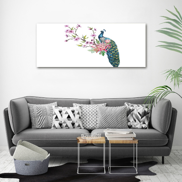 Fotocuadro en lienzo de alta calidad horizontal Pavo real y flores