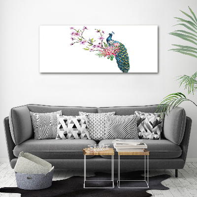 Fotocuadro en lienzo de alta calidad horizontal Pavo real y flores