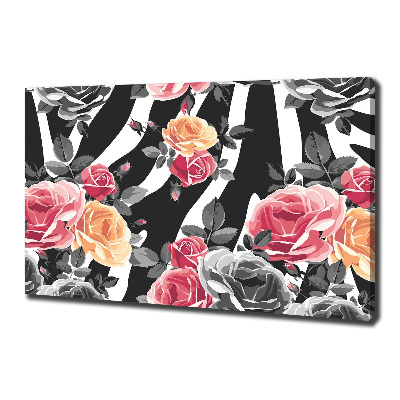 Fotocuadro en lienzo de alta calidad horizontal Rosas sobre fondo de cebra