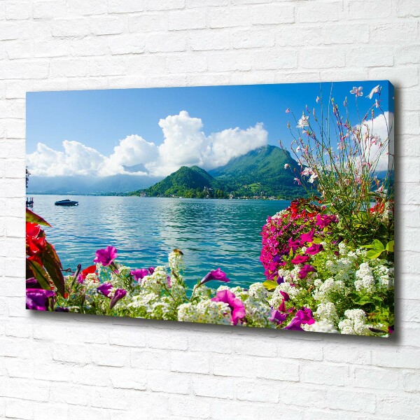 Fotocuadro en lienzo de alta calidad horizontal Flores junto al lago