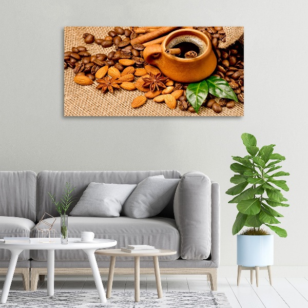 Cuadro canvas con impresión uv duradera horizontal Granos de café y una taza