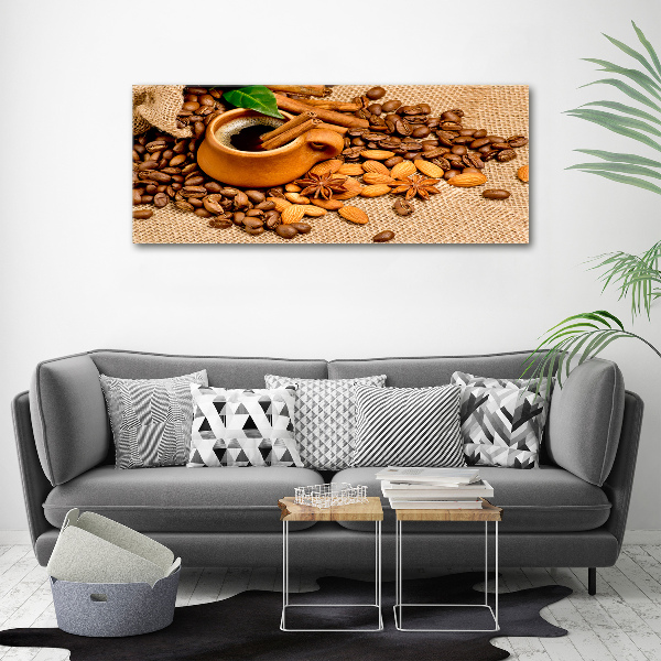 Cuadro canvas moderno de gran formato horizontal Granos de café y una taza