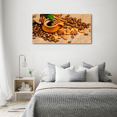 Cuadro canvas moderno de gran formato horizontal Granos de café y una taza