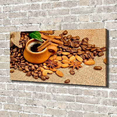 Cuadro canvas moderno de gran formato horizontal Granos de café y una taza