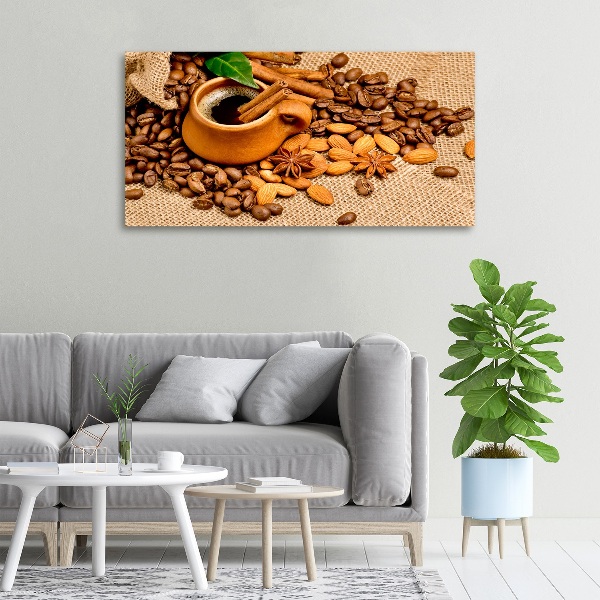 Cuadro canvas moderno de gran formato horizontal Granos de café y una taza