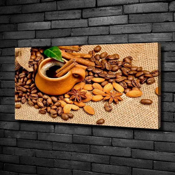Cuadro canvas moderno de gran formato horizontal Granos de café y una taza