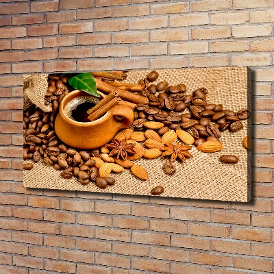Cuadro canvas moderno de gran formato horizontal Granos de café y una taza