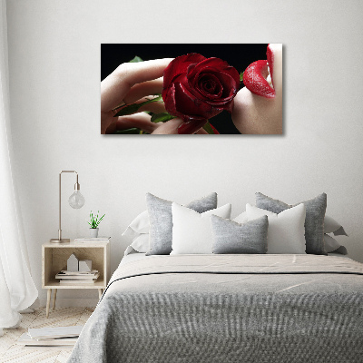 Cuadro canvas moderno de gran formato horizontal Mujer con una rosa