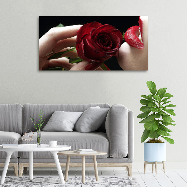Cuadro canvas moderno de gran formato horizontal Mujer con una rosa