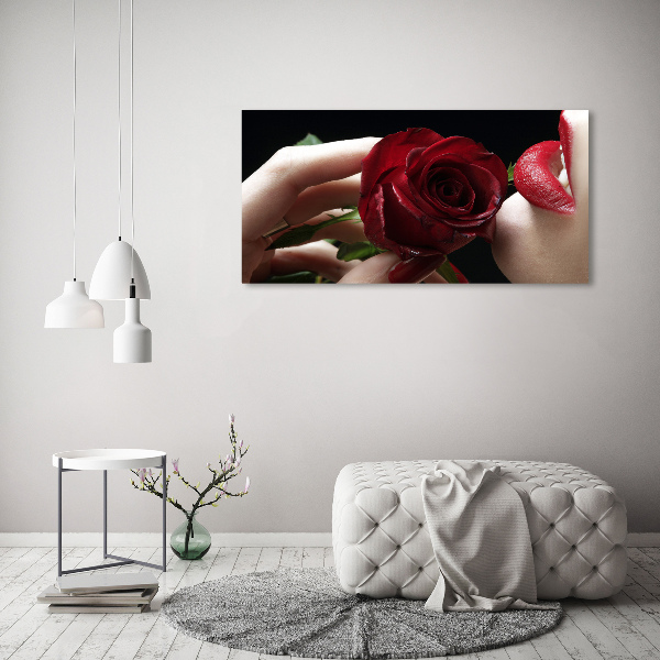 Cuadro canvas moderno de gran formato horizontal Mujer con una rosa