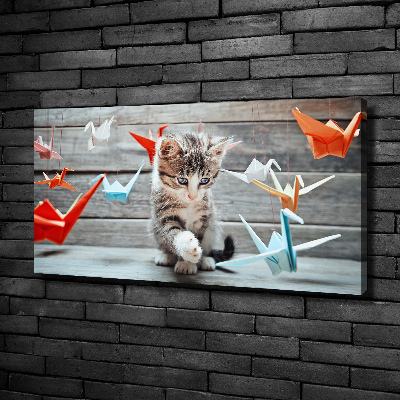 Fotocuadro en lienzo de alta calidad horizontal Pájaros gato hechos de papel