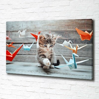 Fotocuadro en lienzo de alta calidad horizontal Pájaros gato hechos de papel
