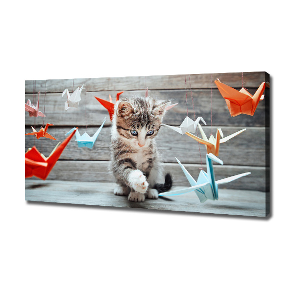 Fotocuadro en lienzo de alta calidad horizontal Pájaros gato hechos de papel