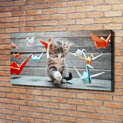 Fotocuadro en lienzo de alta calidad horizontal Pájaros gato hechos de papel