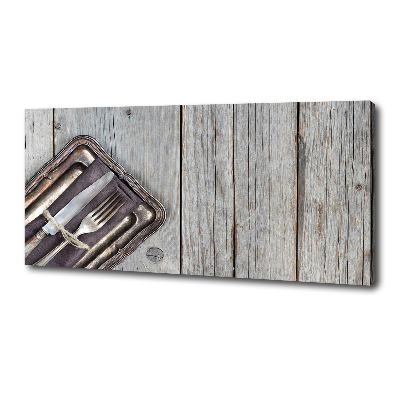 Cuadro canvas moderno de gran formato horizontal Cubiertos sobre tablas