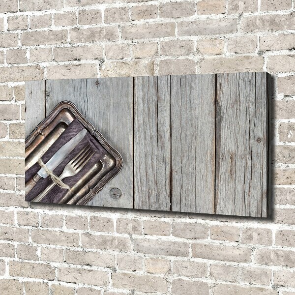 Cuadro canvas moderno de gran formato horizontal Cubiertos sobre tablas