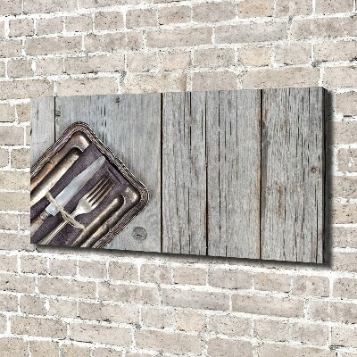 Cuadro canvas moderno de gran formato horizontal Cubiertos sobre tablas