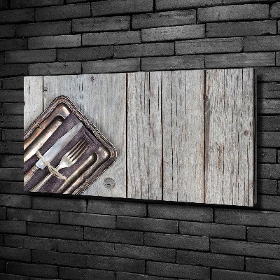 Cuadro canvas moderno de gran formato horizontal Cubiertos sobre tablas