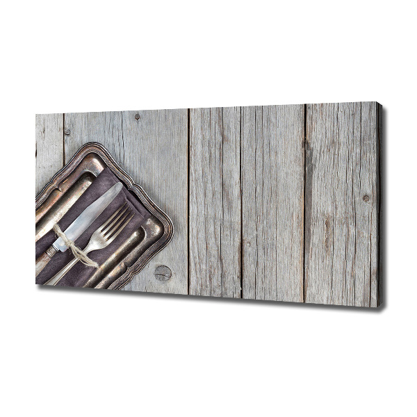 Cuadro canvas moderno de gran formato horizontal Cubiertos sobre tablas