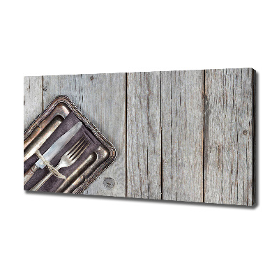 Cuadro canvas moderno de gran formato horizontal Cubiertos sobre tablas