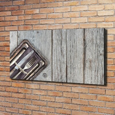 Cuadro canvas moderno de gran formato horizontal Cubiertos sobre tablas