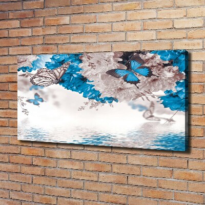 Cuadro canvas moderno de gran formato horizontal Flores y mariposas