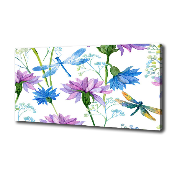 Cuadro canvas con impresión uv duradera horizontal Flores y libélulas