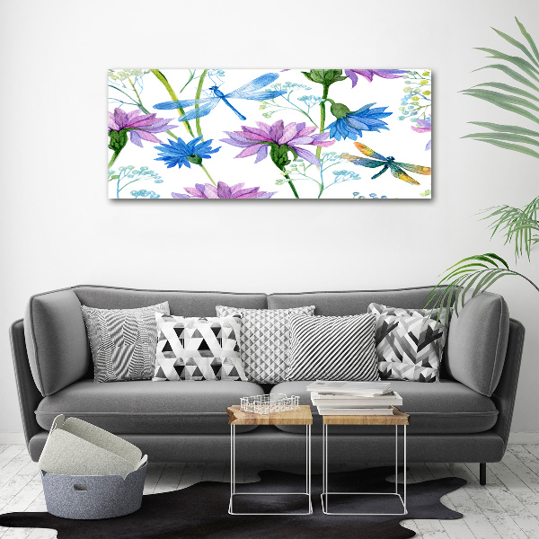 Cuadro canvas con impresión uv duradera horizontal Flores y libélulas