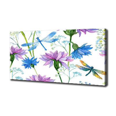 Cuadro canvas con impresión uv duradera horizontal Flores y libélulas