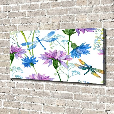 Cuadro canvas con impresión uv duradera horizontal Flores y libélulas