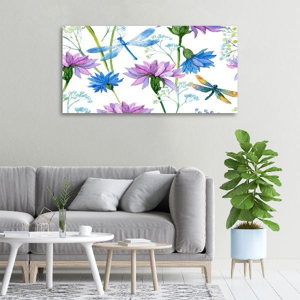 Cuadro canvas con impresión uv duradera horizontal Flores y libélulas
