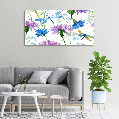Cuadro canvas con impresión uv duradera horizontal Flores y libélulas
