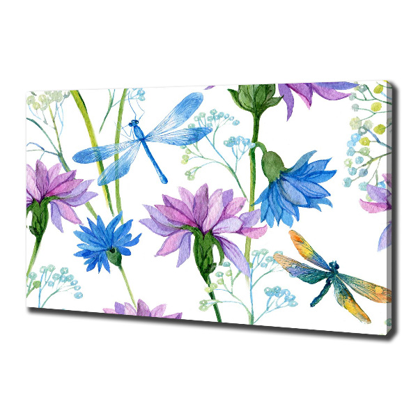 Cuadro canvas con impresión uv duradera horizontal Flores y libélulas