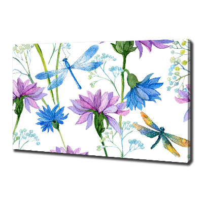 Cuadro canvas con impresión uv duradera horizontal Flores y libélulas