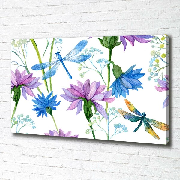 Cuadro canvas con impresión uv duradera horizontal Flores y libélulas