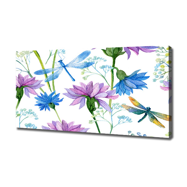 Cuadro canvas con impresión uv duradera horizontal Flores y libélulas