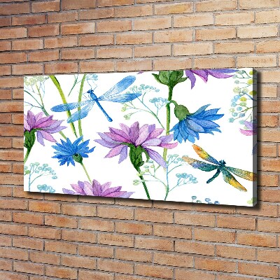 Cuadro canvas con impresión uv duradera horizontal Flores y libélulas