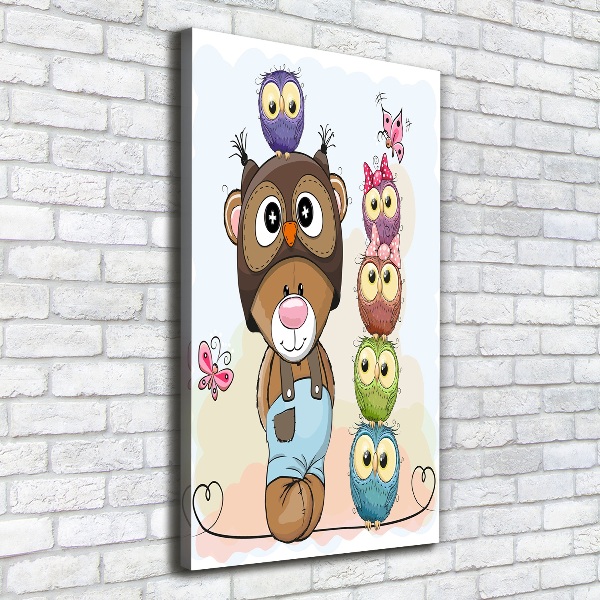 Cuadro canvas decorativo para salón vertical Osito de peluche y búhos