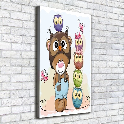 Cuadro canvas decorativo para salón vertical Osito de peluche y búhos