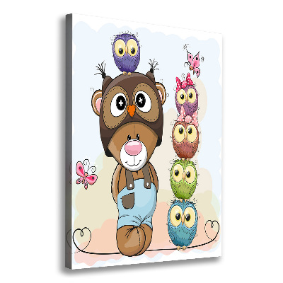 Cuadro canvas decorativo para salón vertical Osito de peluche y búhos